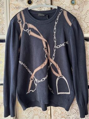 Ralph Lauren Navy Sweater with Beige & Light Gray Chain Print